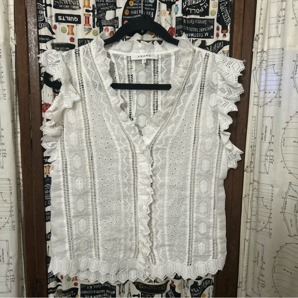 FRAME Lauren Eyelet Flutter Sleeve V-Neck Ruffle Blouse